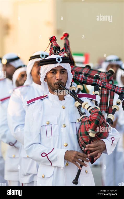 Members of the Abu Dhabi Police band playing bagpipes at the Sheikh ...