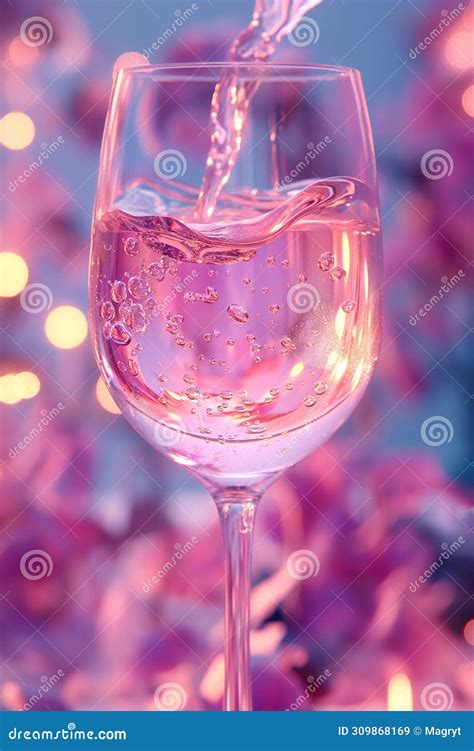 Rose Wine Pouring In Glass Holographic Glowing Neon Lights Color Aesthetics Drops And