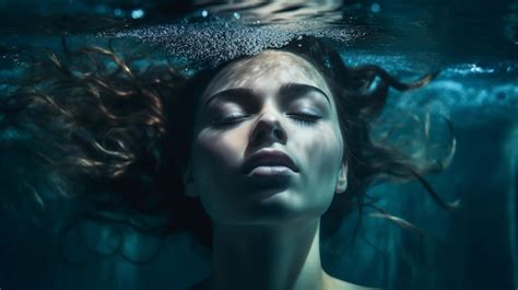 Premium Ai Image A Woman With Her Eyes Closed Under Water With Her Hair Floating In The Water