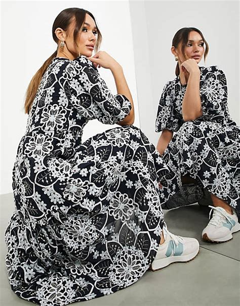 Asos Edition Robe Mi Longue à Fleurs Géométriques Brodées Avec Ourlet