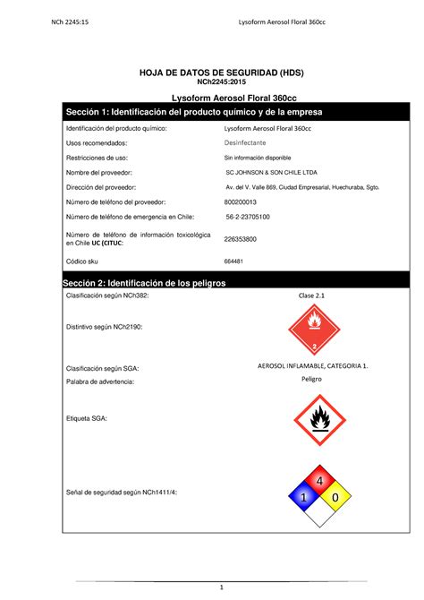 Hds Lysoform Aerosol Hds Hoja De Datos De Seguridad Hds Nch