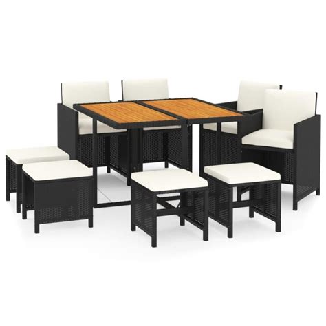 Mobilier à d ner de jardin et coussins 9pcs Résine tressée Noir Leroy