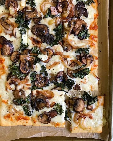 Mushroom And Caramelized Onion Pizza With Purple Kale By