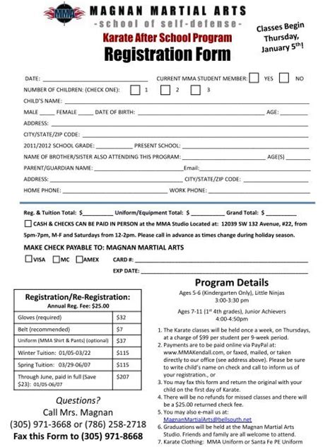 Registration Form Magnan Martial Arts