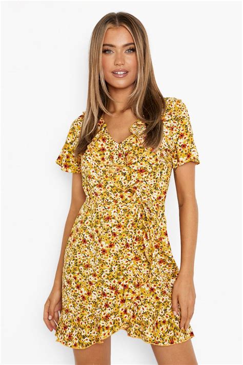 Floral Print Ruffle Tea Dress Boohoo