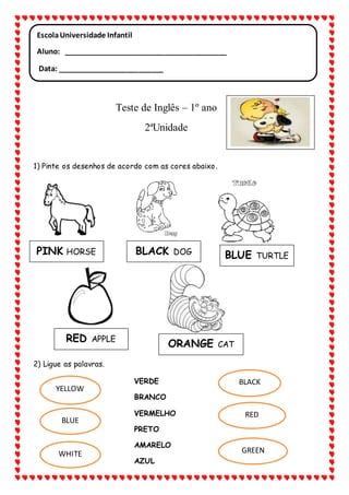 Prova De Ingles 1 Ano Fundamental - Teste - Inglês 1 ano