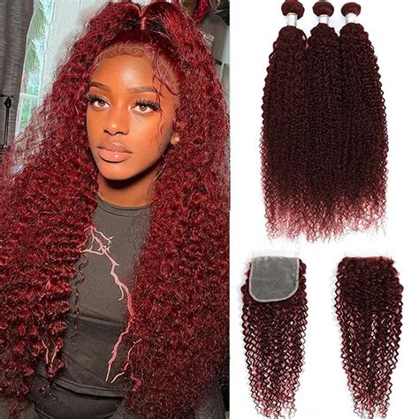 Red Bundles 99j Kinky Curly 3 Bundles With 4x4 Lace Closure For Women