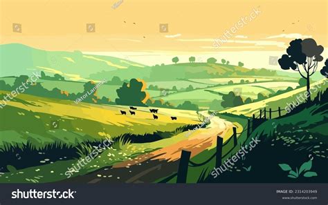 Stylized British Countryside Grazing Cows Flat Stock Vector (Royalty ...