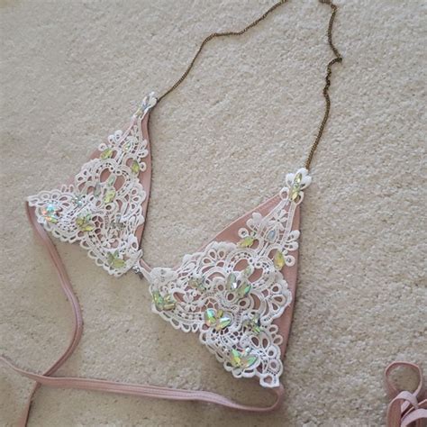 Intimates Sleepwear Sexy Nude Lace And Stud Bathing Suit Lingerie With Tie String L Bottoms