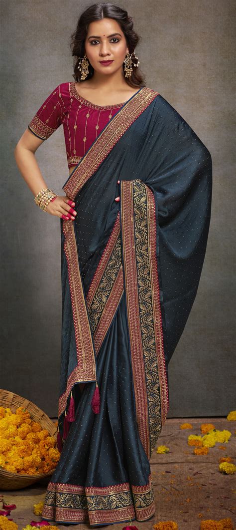 Reception Traditional Black And Grey Color Satin Silk Fabric Saree 1939011