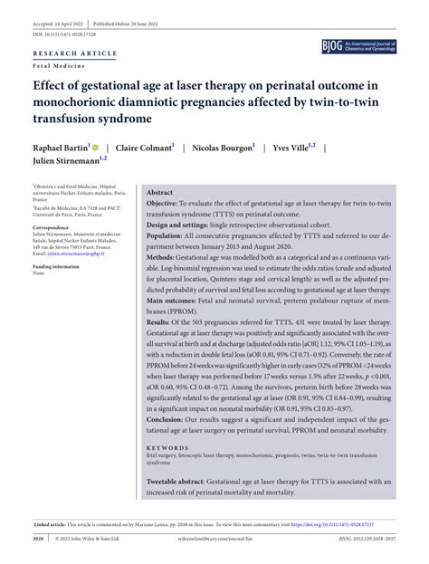 Effect Of Gestational Age At Laser Therapy On Perinatal Outcome In