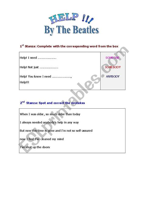 Help By The Beatles Esl Worksheet By Marianamerega