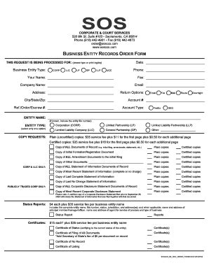 Fillable Online Business Entity Records Order Form SOS Corporate