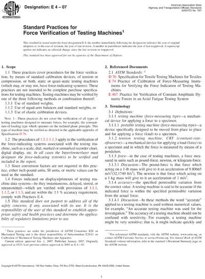 Astm E4 07 Standard Practices For Force Verification Of Testing Machines