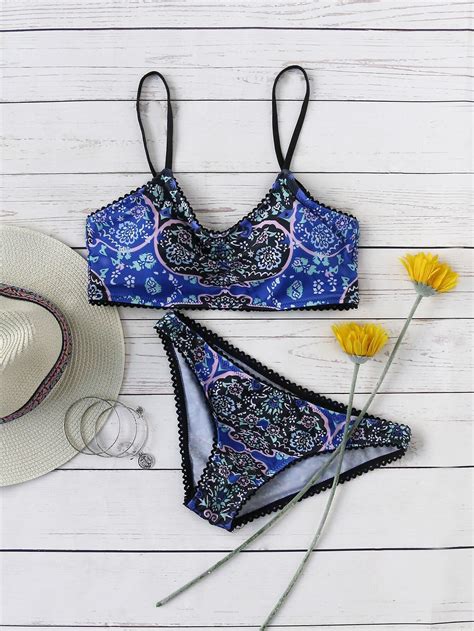 Ditsy Printed Scalloped Trim Bikini Set SheIn Sheinside