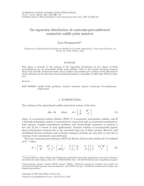 Pdf On Eigenvalue Distribution Of Constraint Preconditioned Symmetric