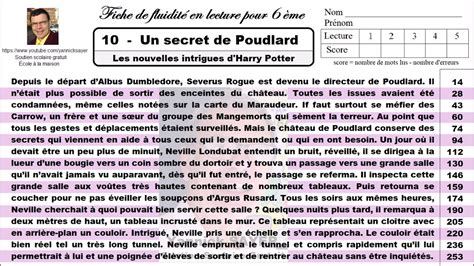 Fluidité et compréhension en lecture 6ème Un secret de Poudlard 10