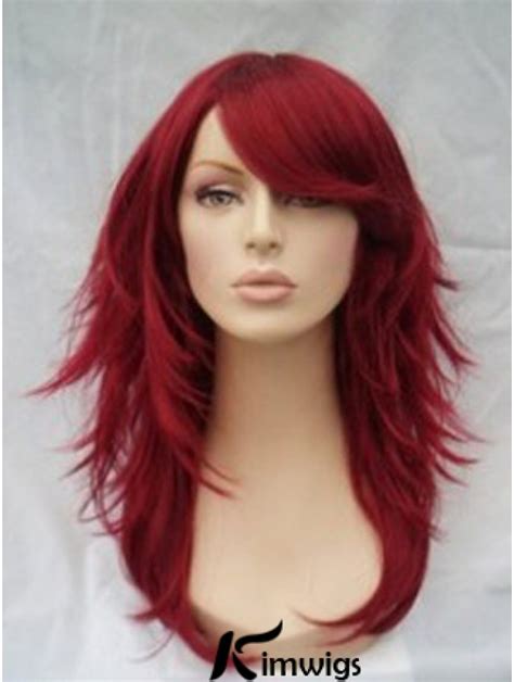 Red Human Hair Wigs Full Wig With Bangs Wavy Style Shoulder Length