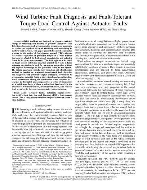 Pdf Wind Turbine Fault Diagnosis And Fault Tolerant Torque Load