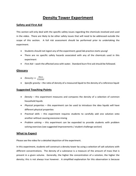 Density Tower Experiment Safety and First Aid