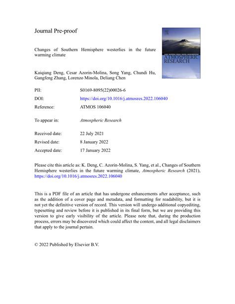 (PDF) Changes of Southern Hemisphere westerlies in the future warming ...