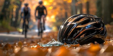 Premium Photo | Bicycle accident broken helmet and bike on the road ...