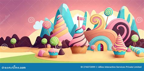 3d Render Of Fantasy Colorful Candyland Background With Sweets Clouds