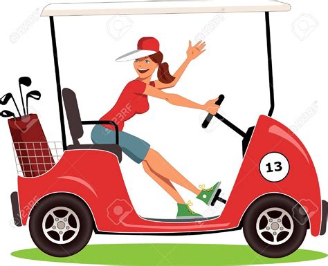 Cartoon female golfer in a cart smiling and waving, isolated on white ...