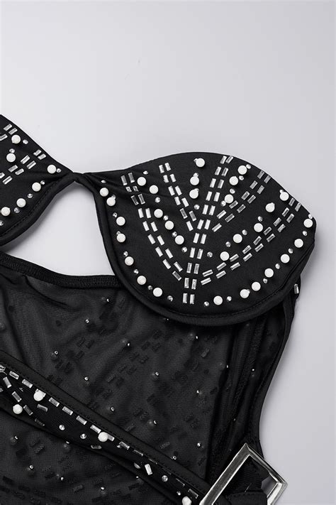 Wholesale Black Sexy Patchwork Hot Drilling Hollowed Out Backless Strapless Sleeveless Three