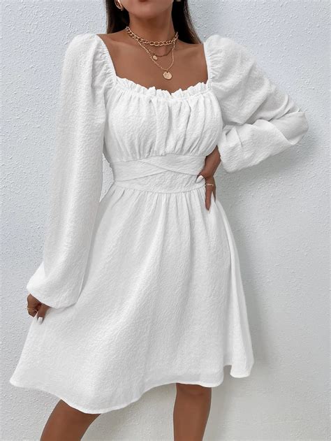 Vestido Pulôver Branco Feminino Gola Quadrada Manga Comprida Cintura