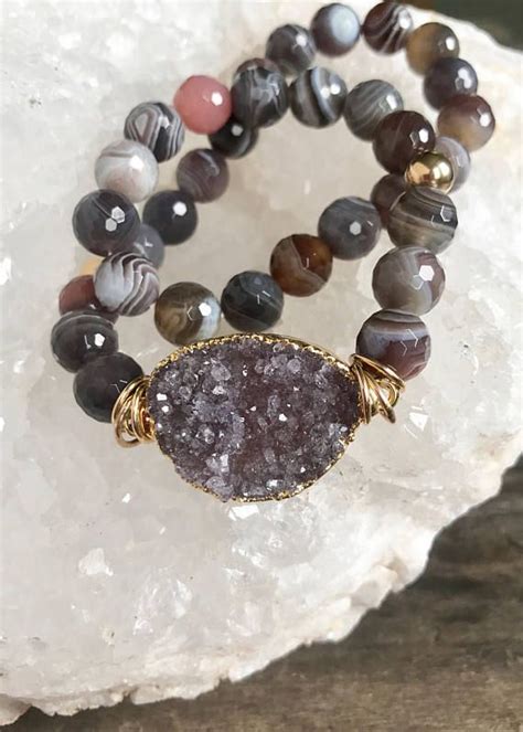 Druzy Bracelet Druzy Quartz Botswana Agate Beaded Stretch Wrap Etsy