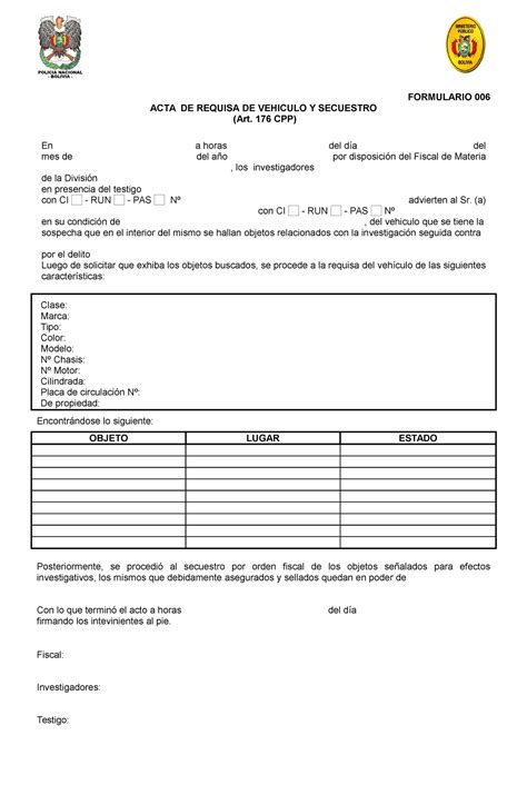 Acta Secuestro Formulario Acta De Requisa De Vehiculo Y Secuestro