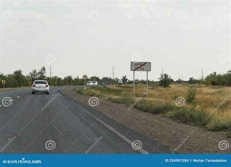 The Road Sign Is The End Of The Settlement Of Uralsk And The Sign Is