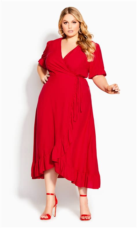 Womens Plus Size Red Ruffle Flirt Wrap Maxi Dress