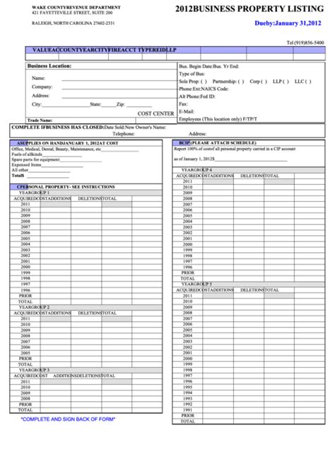 Business Property Listing Form Wake County Revenue Department 2012