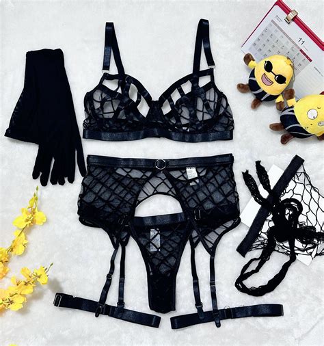 Generic Sexy Two Color In Black And Red Hollow Out See Through Mesh Gloves Sexy Lingerie Suit