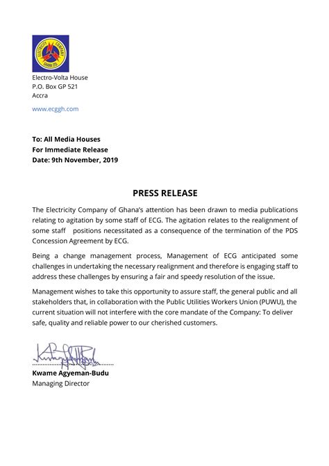 Electricity Company Of Ghana Ltd Press Release Th November