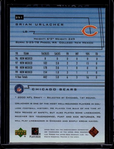 2000 Upper Deck 251 Brian Urlacher RC Rookie Chicago Bears Football