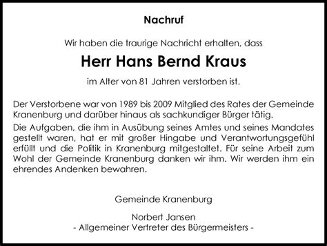 Traueranzeigen Von Hans Bernd Kraus Trauer In Nrw De