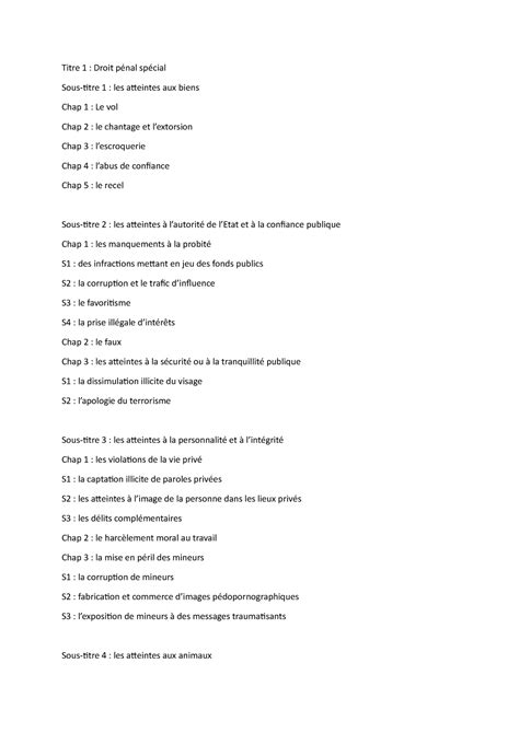 Plan cours droit pénal plan Titre 1 Droit pénal spécial Sous