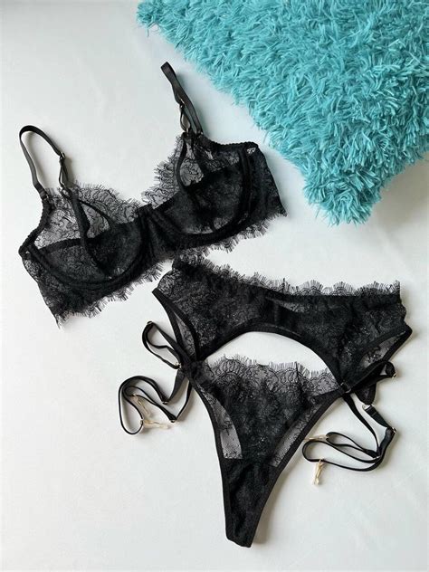 Black Lace Lingerie Set Lace Bra Panties And Garter Belt Sheer Lingerie Erotic Lingerie