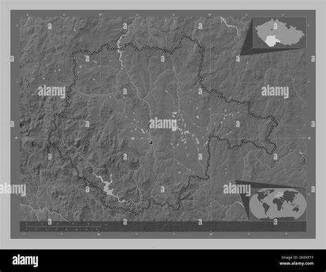 Jihocesky Region Of Czech Republic Grayscale Elevation Map With Lakes And Rivers Corner