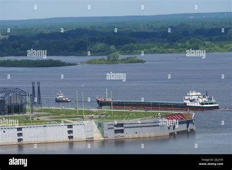 The Barge Is Moving Along The Volga River Panorama Of Strelka The