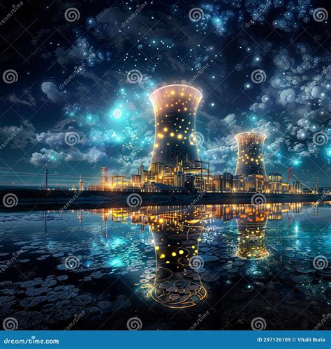 Nuclear Power Plant At Night With Reflection In Water Illustration