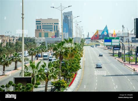 Road With Cars And City Downtown In Background Dammam Saudi Arabia