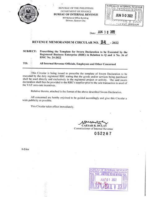 Bir Rmc No 84 2022 Sworn Declaration Template For Rbes Pdf