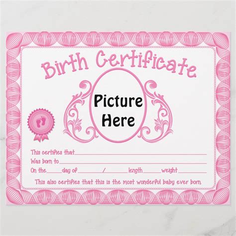 Baby Girl Add Picture Birth Certificate Zazzle