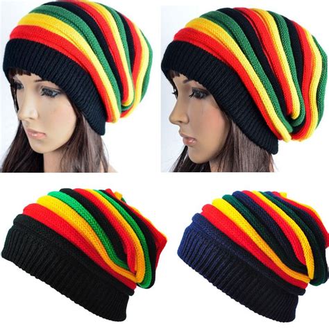 Beanie Knit Slouch Baggy Rasta Cap Men Women Stripe Jamaican Rasta