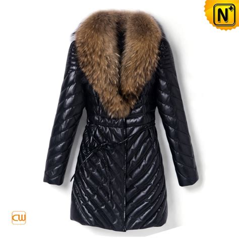 Raccoon Fur Collar Womens Slim Leather Down Coat Cwmalls