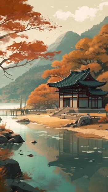 Premium AI Image | A painting of a chinese temple by the river